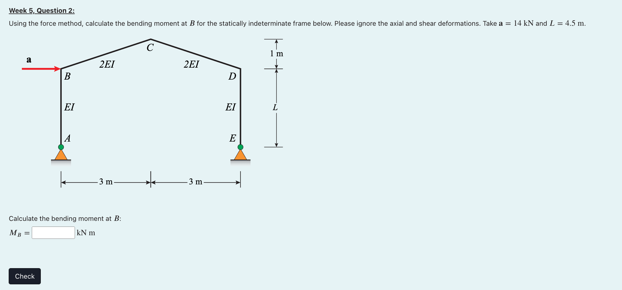 Using The Force Method Calculate The Bending Moment At B For The Statically Indeterminate Frame Below Please Ignore Th 1