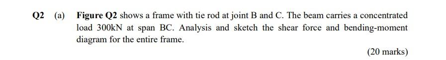 Q2 A Figure Q2 Shows A Frame With Tie Rod At Joint B And C The Beam Carries A Concentrated Load 300kn At Span Bc Ana 1
