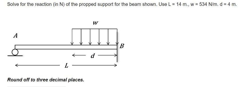 Solve For The Reaction In N Of The Propped Support For The Beam Shown Use L 14 M W 534 N M D 4 M Round Off 1