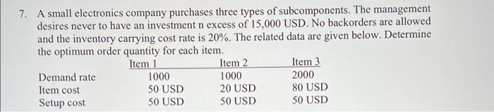 7 A Small Electronics Company Purchases Three Types Of Subcomponents The Management Desires Never To Have An Investmen 1