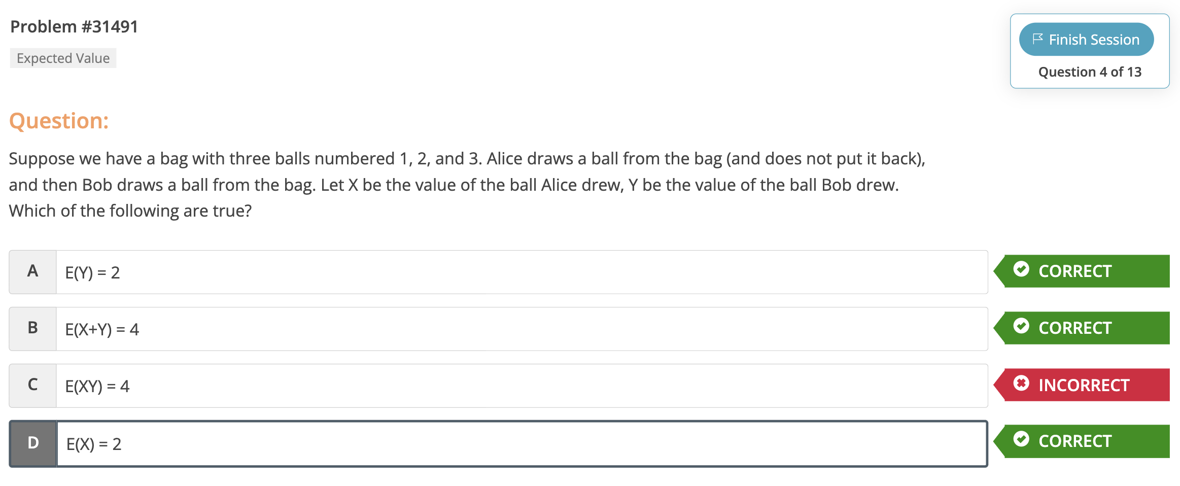 Problem 31491 B Finish Session Expected Value Question 4 Of 13 Question A Suppose We Have A Bag With Three Balls Numbe 1