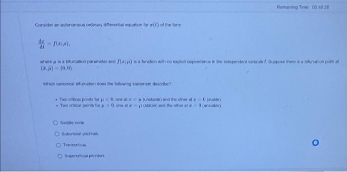 Reuring Time 002028 Consider An Autonomous Ordinary Differential Equation For At Of The Form Dy Dr J Where Is A Bitura 1