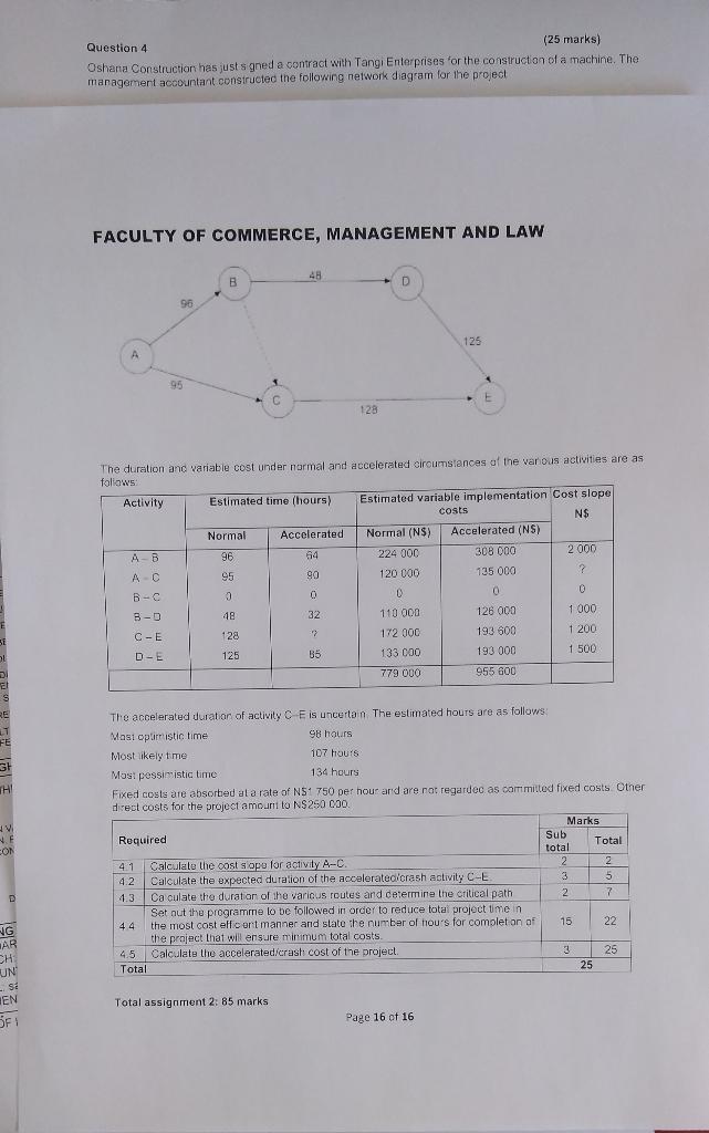 Question 4 25 Marks Oshana Construction Has Just S Gned A Contract With Tangi Enterprises For The Construction Of A Ma 1