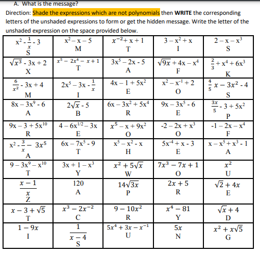 3 6 4 X2 5 A What Is The Message Direction Shade The Expressions Which Are Not Polynomials Then Write The Correspon 1