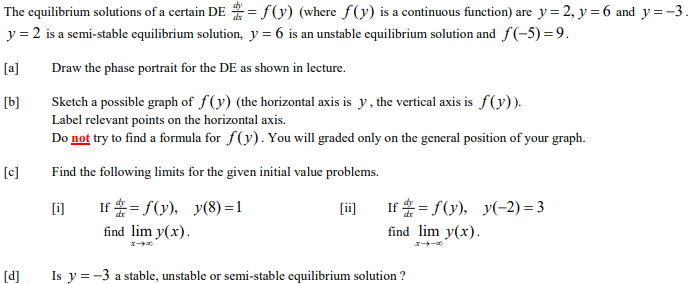 A The Equilibrium Solutions Of A Certain De F Y Where F Y Is A Continuous Function Are Y 2 Y 6 And Y 3 Y 2 1