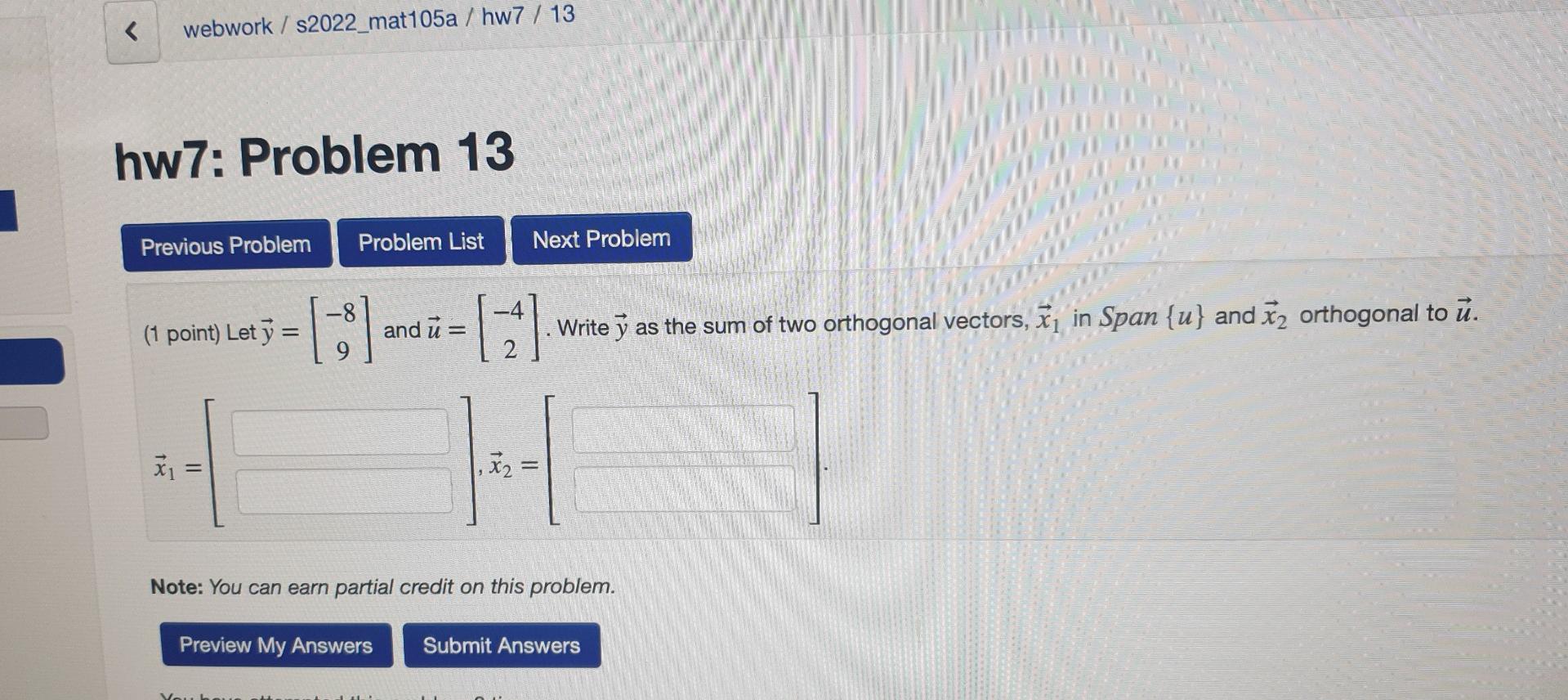 Webwork S2022 Mat105a Hw7 13 Hw7 Problem 13 Previous Problem Problem List Next Problem 8 1 Point Let Y 1 1