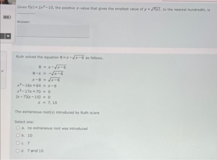 Given F X 2x1 10 The Positive X Value That Gives The Smallest Value Of Y 6 To The Nearest Hundredth Is Answer 1