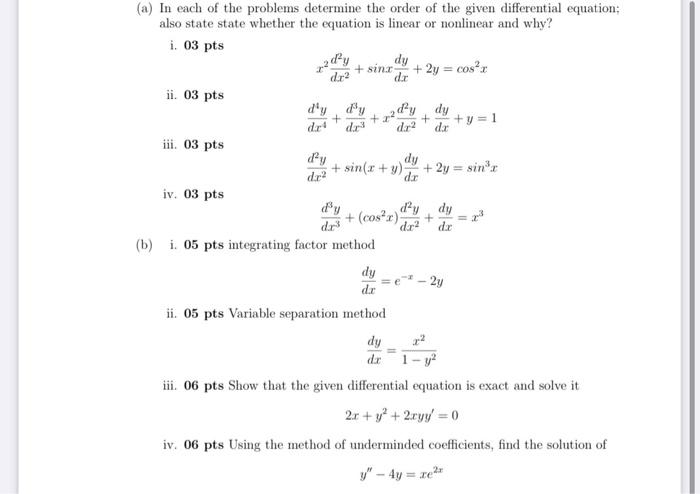 Dra A In Each Of The Problems Determine The Order Of The Given Differential Equation Also State State Whether The Equ 1