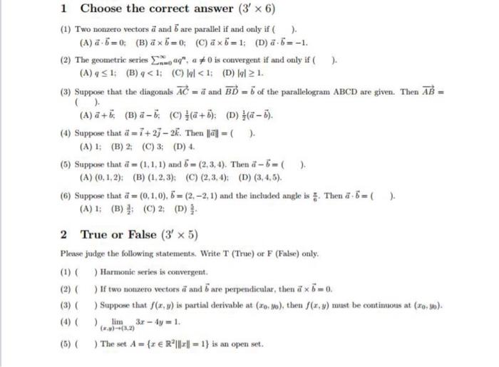 1 Choose The Correct Answer 3 X 6 1 Two Nonzero Vectors A And Are Parallel If And Only If A 2 6 0 B X6 1