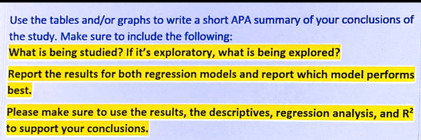 Use The Tables And Or Graphs To Write A Short Apa Summary Of Your Conclusions Of The Study Make Sure To Include The Fol 1