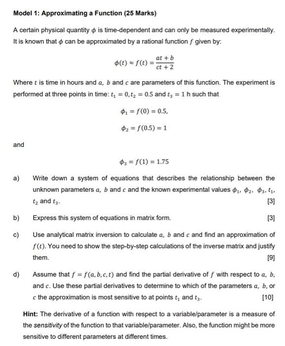 Model 1 Approximating A Function 25 Marks A Certain Physical Quantity Is Time Dependent And Can Only Be Measured Expe 1