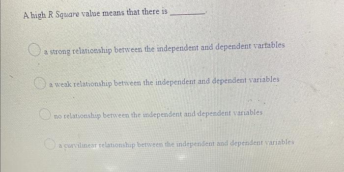 A High R Square Value Means That There Is A Strong Relationship Between The Independent And Dependent Variables A Weak R 1