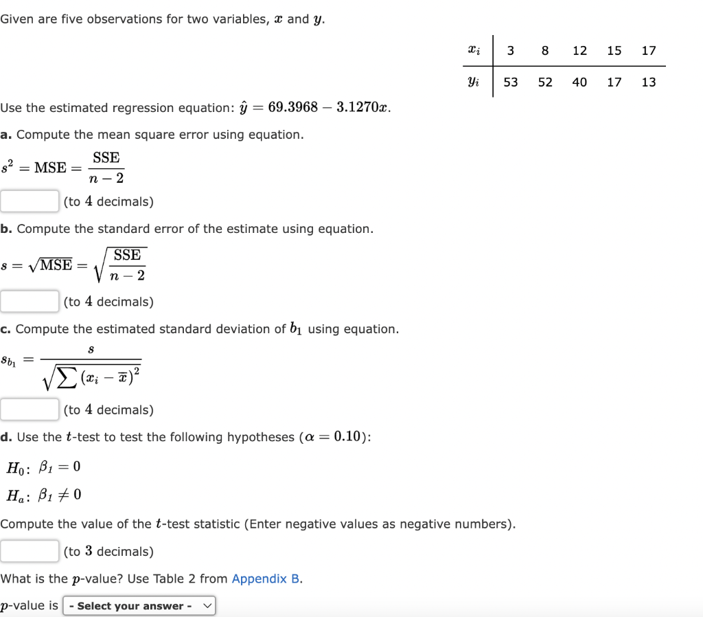 Given Are Five Observations For Two Variables And Y 2 I 3 8 12 15 17 Yi 53 52 40 17 13 Use The Estimated Regression 1