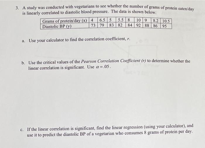 3 A Study Was Conducted With Vegetarians To See Whether The Number Of Grams Of Protein Caten Day Is Linearly Correlated 1