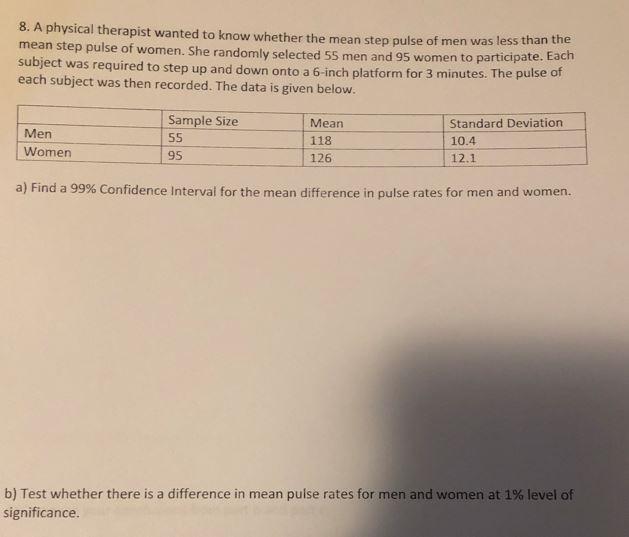 8 A Physical Therapist Wanted To Know Whether The Mean Step Pulse Of Men Was Less Than The Mean Step Pulse Of Women Sh 1
