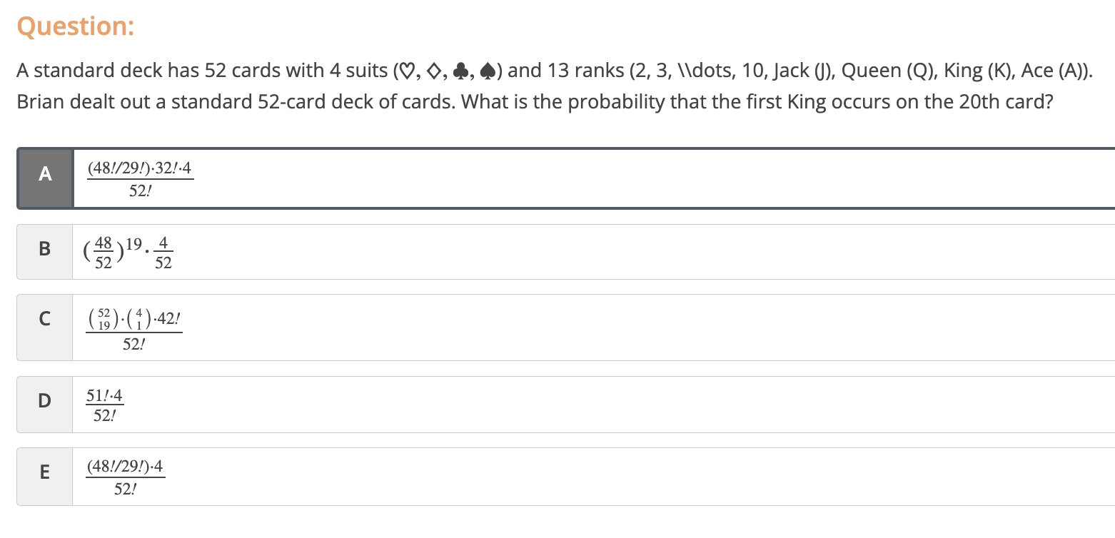 Question A Standard Deck Has 52 Cards With 4 Suits O And 13 Ranks 2 3 Dots 10 Jack 1 Queen Q King K 1