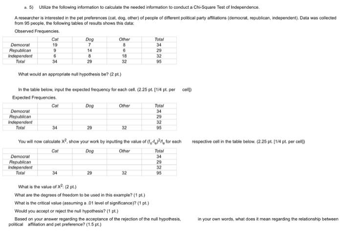 5 Utilize The Following Information To Calculate The Needed Information To Conduct A Chi Square Test Of Independence A 1