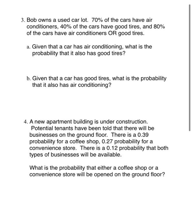3 Bob Owns A Used Car Lot 70 Of The Cars Have Air Conditioners 40 Of The Cars Have Good Tires And 80 Of The Cars 1