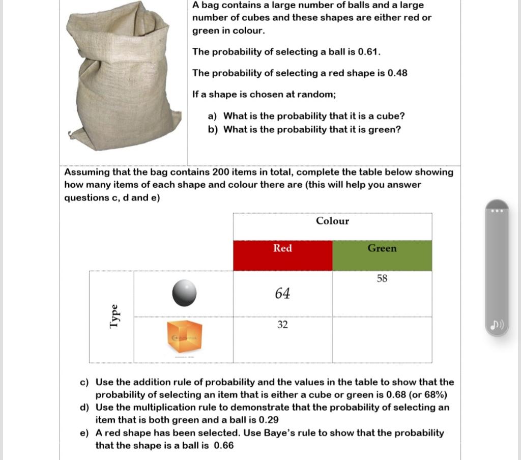 A Bag Contains A Large Number Of Balls And A Large Number Of Cubes And These Shapes Are Either Red Or Green In Colour T 1
