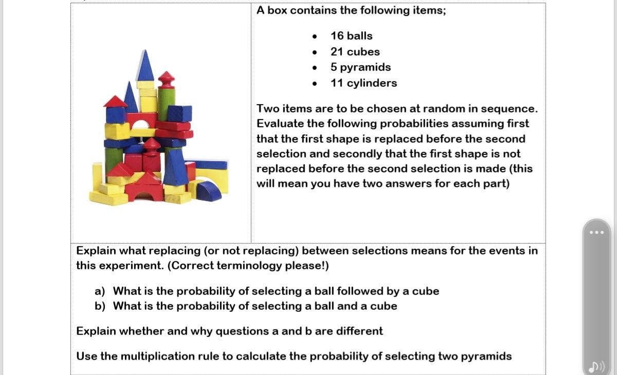 A Box Contains The Following Items 16 Balls 21 Cubes 5 Pyramids 11 Cylinders Two Items Are To Be Chosen At Random In Se 1