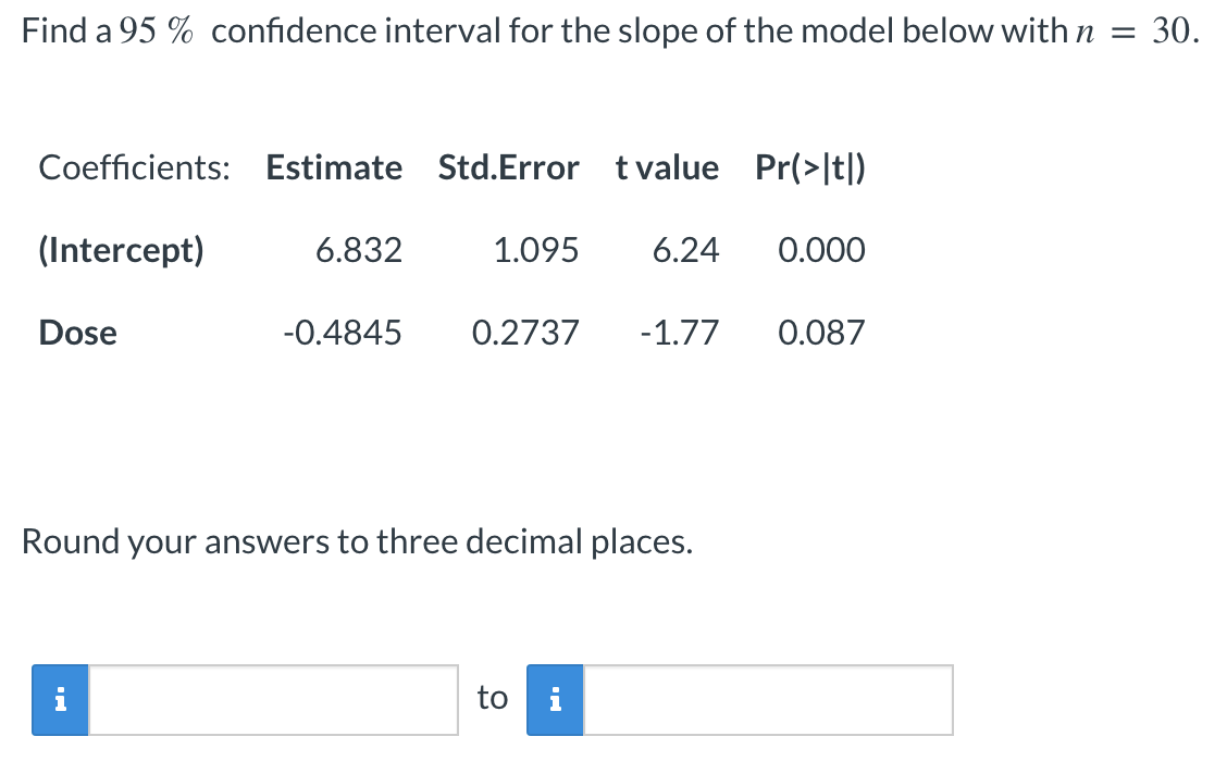 Find A 95 Confidence Interval For The Slope Of The Model Below With N 30 Coefficients Estimate Std Error T Value 1