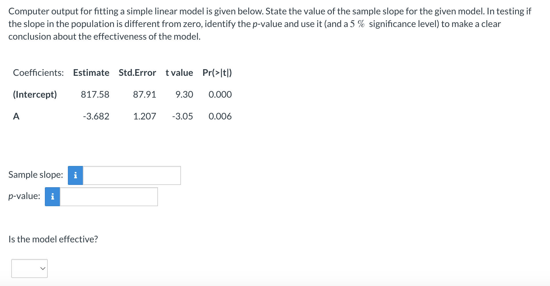 Computer Output For Fitting A Simple Linear Model Is Given Below State The Value Of The Sample Slope For The Given Mode 1