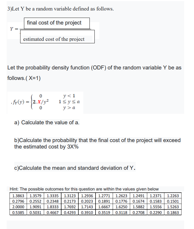 3 Let Y Be A Random Variable Defined As Follows Final Cost Of The Project Y Estimated Cost Of The Project Let The Pro 1