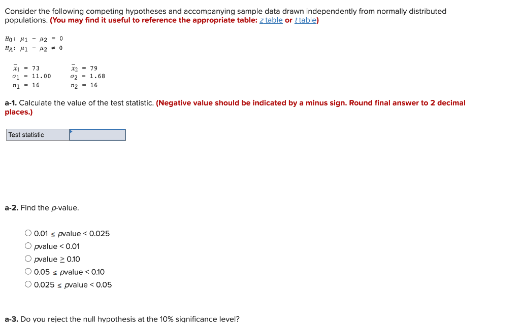 Consider The Following Competing Hypotheses And Accompanying Sample Data Drawn Independently From Normally Distributed P 1