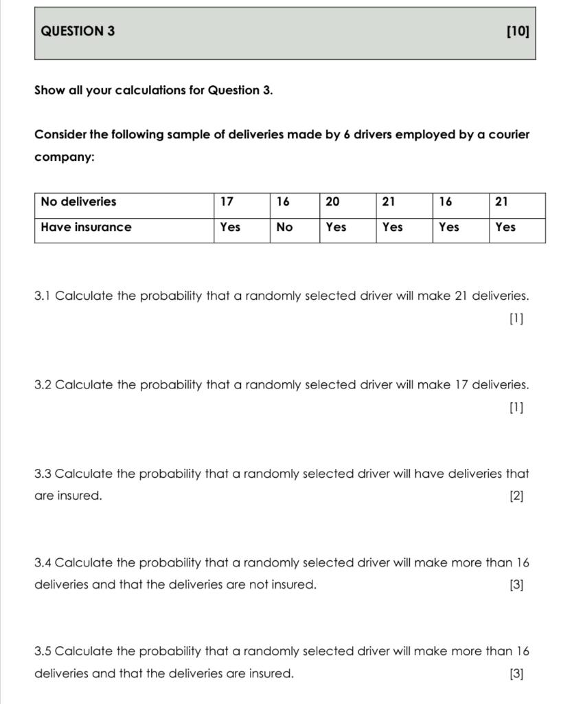 Question 3 10 Show All Your Calculations For Question 3 Consider The Following Sample Of Deliveries Made By 6 Drivers 1