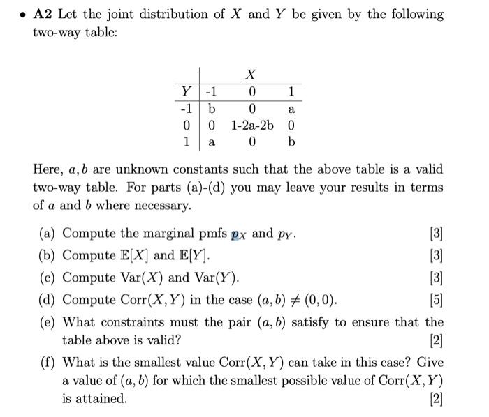 A2 Let The Joint Distribution Of X And Y Be Given By The Following Two Way Table Y 1 1b 0 0 1 A X 0 1 0 A 1 2a 2b 0 1