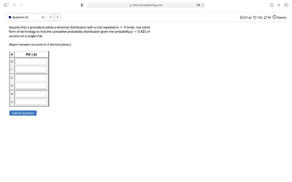 Ed Ohm Lumenleaming Com Question 62 0 1 Pt 100 99 Details Assume That A Procedure Yields A Binomial Distribution With 1