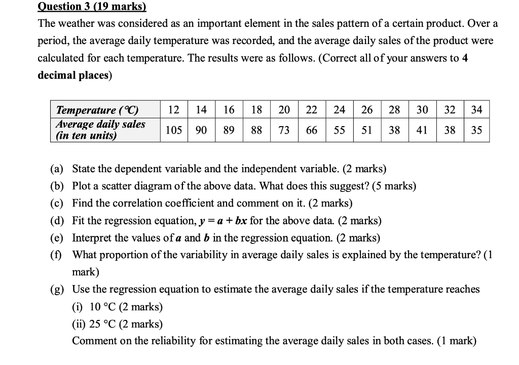 Question 3 19 Marks The Weather Was Considered As An Important Element In The Sales Pattern Of A Certain Product Over 1