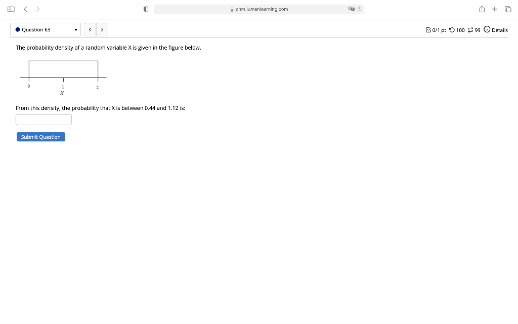 Ed Ohm Lumenleaming Com Question 63 0 1 Pt 100 99 Details The Probability Density Of A Random Variable X Is Given In T 1