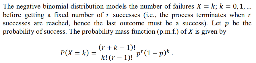 The Negative Binomial Distribution Models The Number Of Failures X K K 0 1 Before Getting A Fixed Number Of R S 1