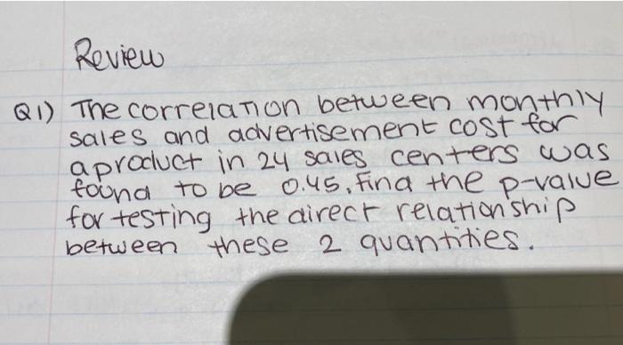 Review Q1 The Correlation Between Monthly Sales And Advertisement Cost For Aproduct In 24 Sales Centers Was Found To Be 1
