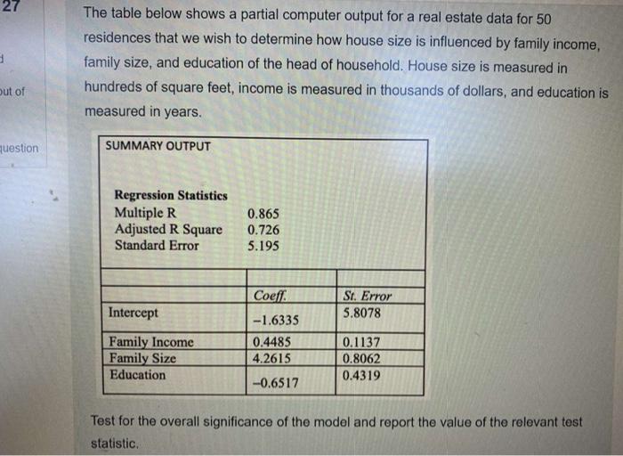 27 The Table Below Shows A Partial Computer Output For A Real Estate Data For 50 Residences That We Wish To Determine Ho 1