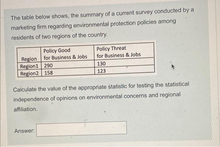 The Table Below Shows The Summary Of A Current Survey Conducted By A Marketing Firm Regarding Environmental Protection 1