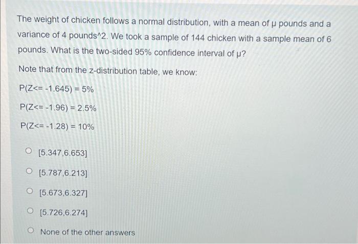 The Weight Of Chicken Follows A Normal Distribution With A Mean Of Pounds And A Variance Of 4 Pounds 2 We Took A Sampl 1