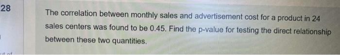 28 The Correlation Between Monthly Sales And Advertisement Cost For A Product In 24 Sales Centers Was Found To Be 0 45 1