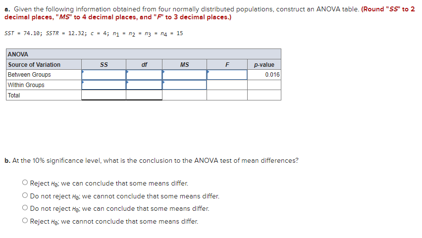 A Given The Following Information Obtained From Four Normally Distributed Populations Construct An Anova Table Round 1