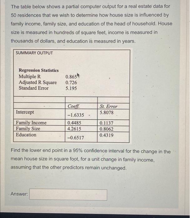 The Table Below Shows A Partial Computer Output For A Real Estate Data For 50 Residences That We Wish To Determine How H 1