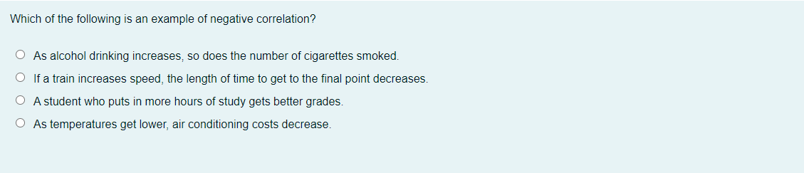 Which Of The Following Is An Example Of Negative Correlation As Alcohol Drinking Increases So Does The Number Of Cigar 1