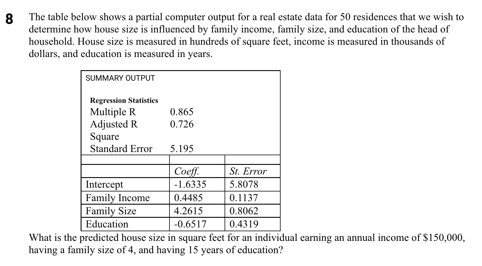 8 A The Table Below Shows A Partial Computer Output For A Real Estate Data For 50 Residences That We Wish To Determine H 1