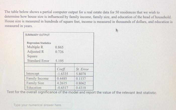 The Table Below Shows A Partial Computer Output For A Real Estate Data For 50 Residences That We Wish To Determine How H 1