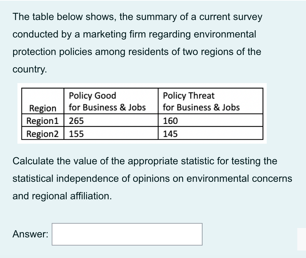 The Table Below Shows The Summary Of A Current Survey Conducted By A Marketing Firm Regarding Environmental Protection 1