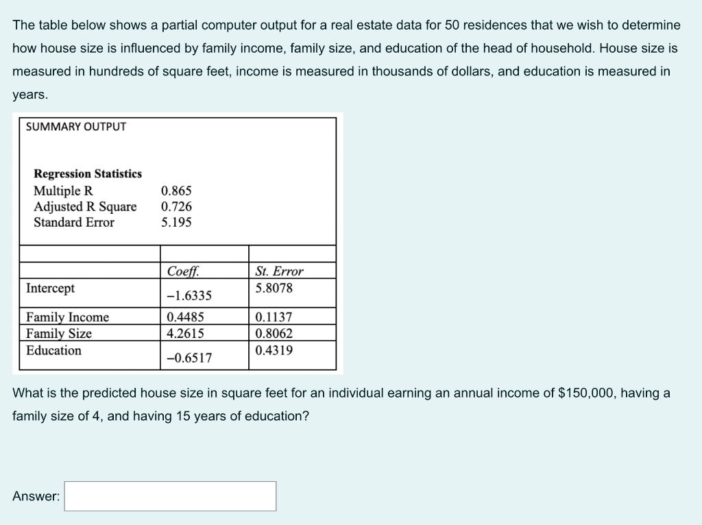 The Table Below Shows A Partial Computer Output For A Real Estate Data For 50 Residences That We Wish To Determine How H 1