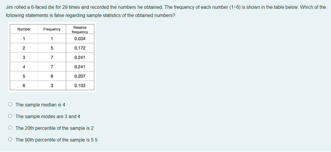 Jim Rolled A 6 Faced Die For 29 Times And Recorded The Numbers He Obtained The Frequency Of Each Number 1 6 Is Shown 1