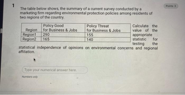 1 Points 3 The Table Below Shows The Summary Of A Current Survey Conducted By A Marketing Firm Regarding Environmental 1
