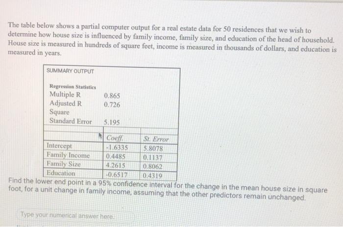 The Table Below Shows A Partial Computer Output For A Real Estate Data For 50 Residences That We Wish To Determine How H 1