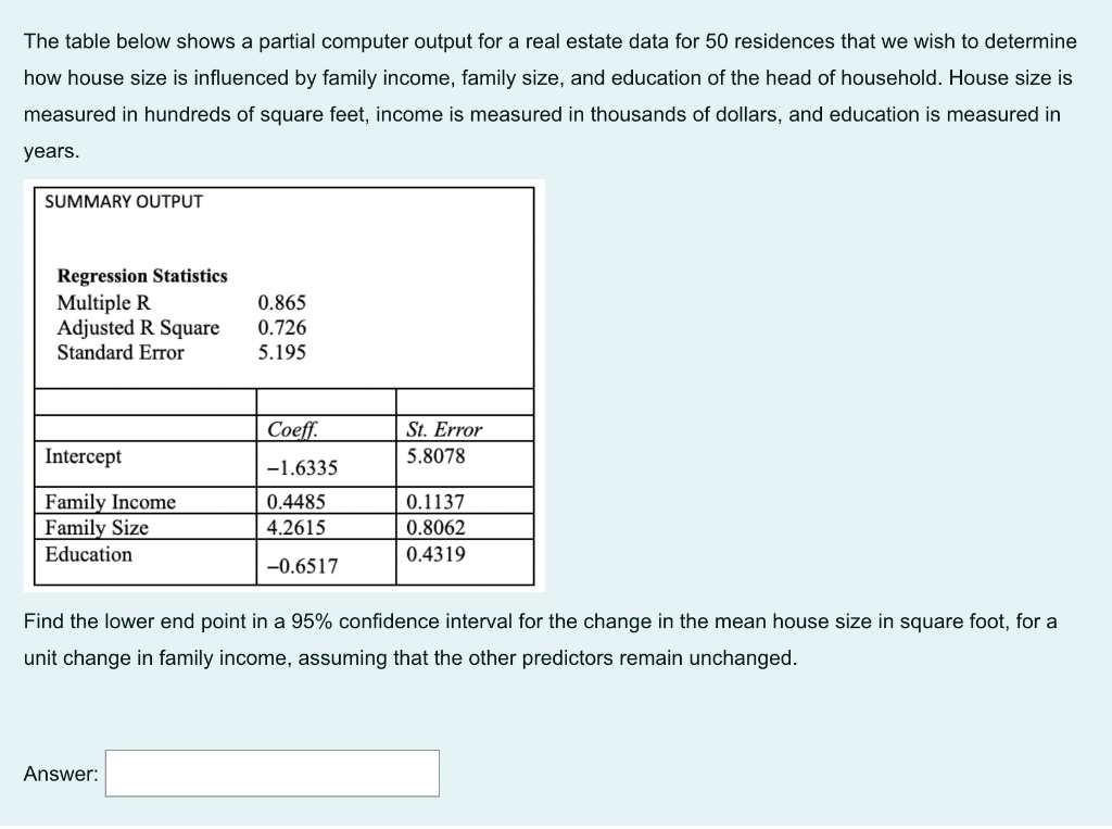 The Table Below Shows A Partial Computer Output For A Real Estate Data For 50 Residences That We Wish To Determine How H 1